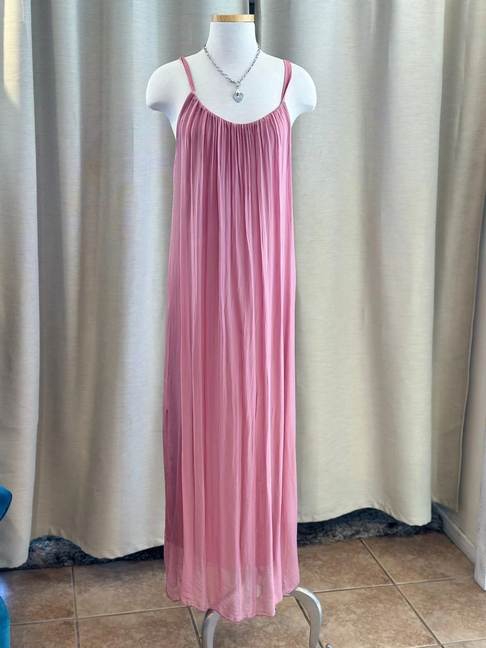 Gathered Spaghetti-Strap Maxi Dress in Dusty Pink